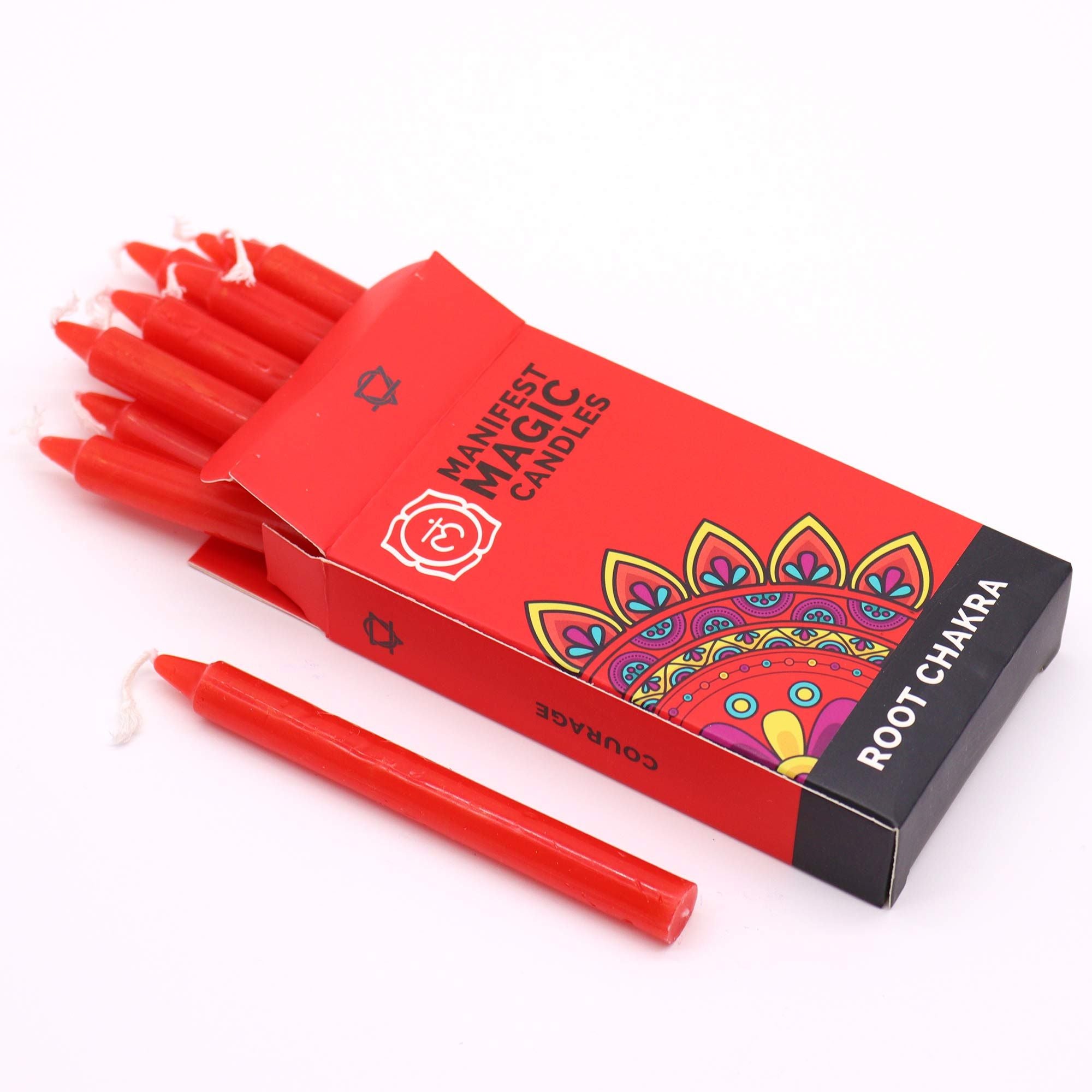 Présentation d'un lot de bougies Manifest Magic (lot de 12) - rouge - chakra racine, parfaits pour la méditation, offrant sérénité et transformation dans un joli emballage.