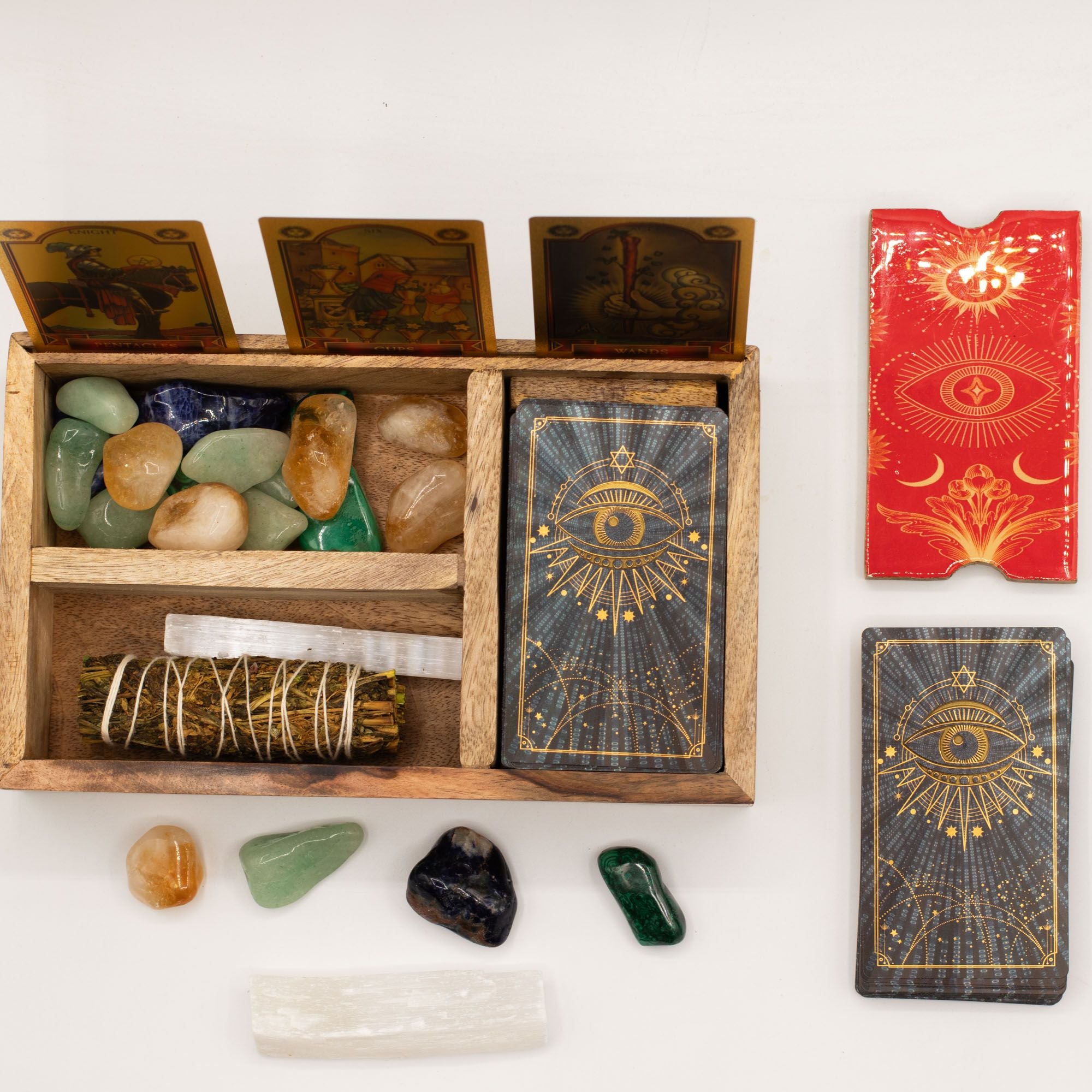 Boîte de tarot à trois compartiments avec porte-cartes
