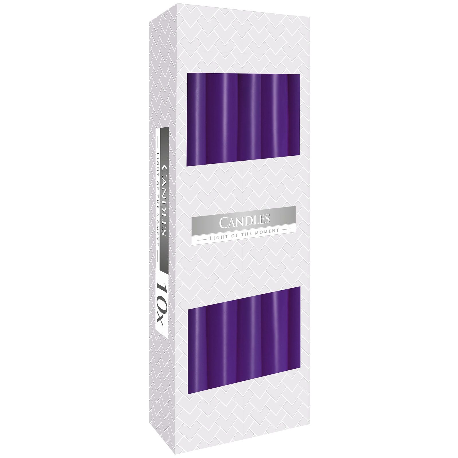 Taper Candle - Lavender, un lot de 10 bougies violettes présentées dans une élégante boîte. Ces bougies taper de 24,5 cm sont idéales pour la décoration de table et créent une ambiance chaleureuse. Fabriquées en cire de paraffine, elles sont non parfumées et parfaites pour des événements spéciaux, offrant une lueur douce et accueillante.