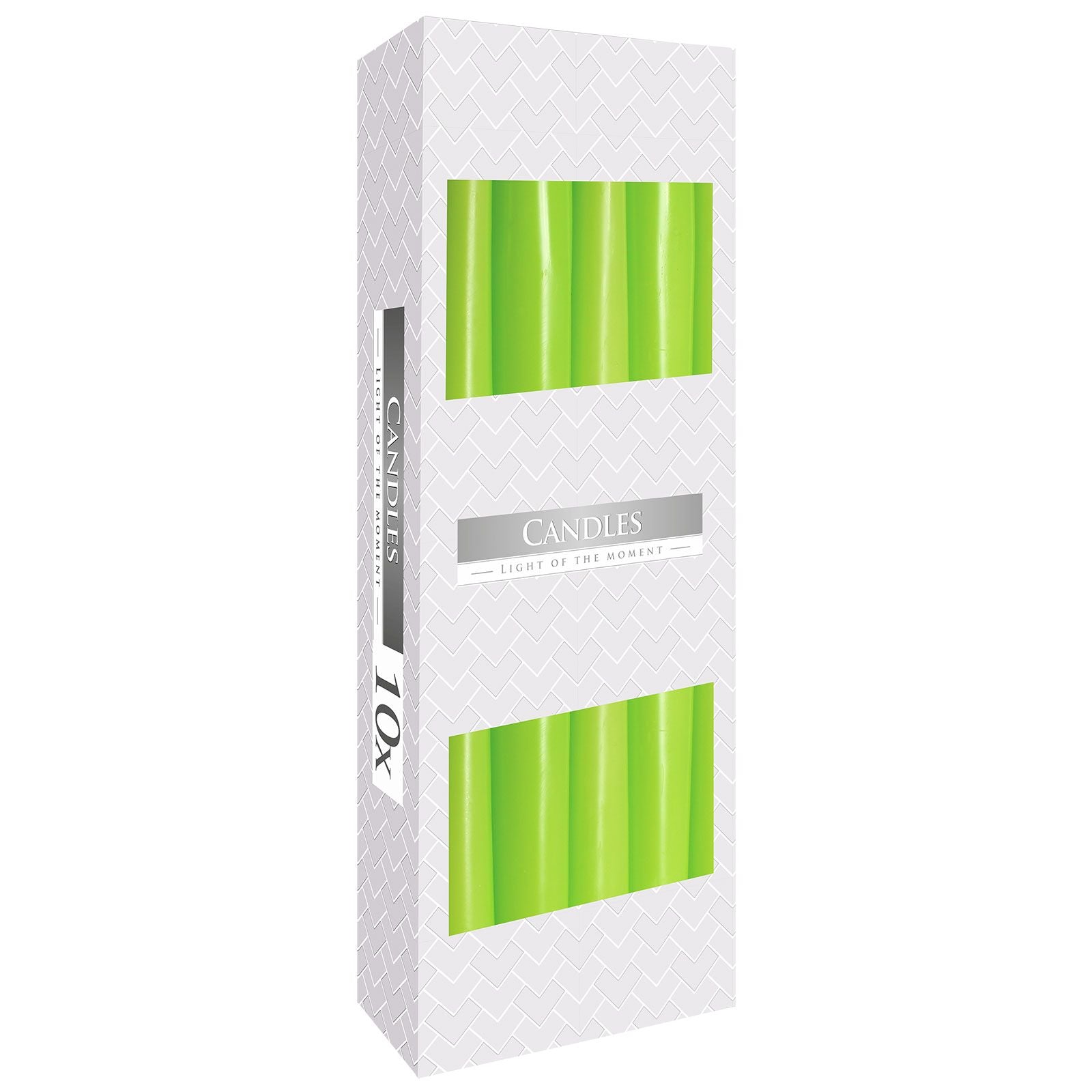 Taper Candle - Green, lot de 10 bougies vertes emballées, idéales pour apporter une ambiance chaleureuse à votre décoration de table. Ces bougies taper en cire de paraffine mesurent 24,5 cm, sont non parfumées et parfaites pour les occasions spéciales. Un choix élégant avec des bougies décoratives de Aemilia Mystica.