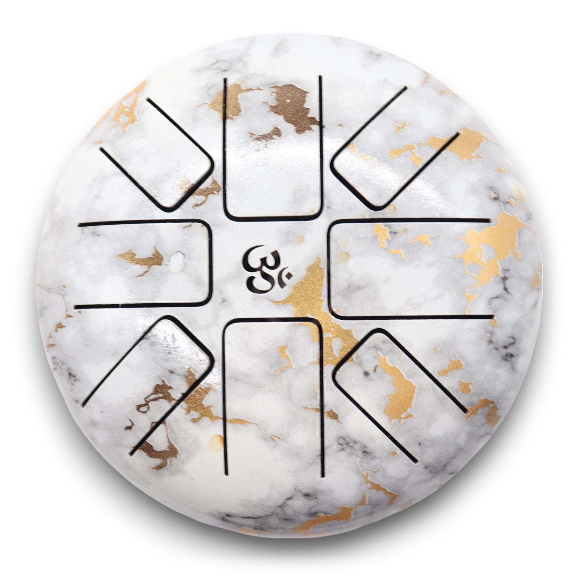 Vue de dessus du Steel Tongue Happy Drum Om marbré – 18 cm. Cet instrument méditation et relaxation en acier, avec son design élégant, est parfait pour les amateurs de tambours spirituels et de sonorités apaisantes.