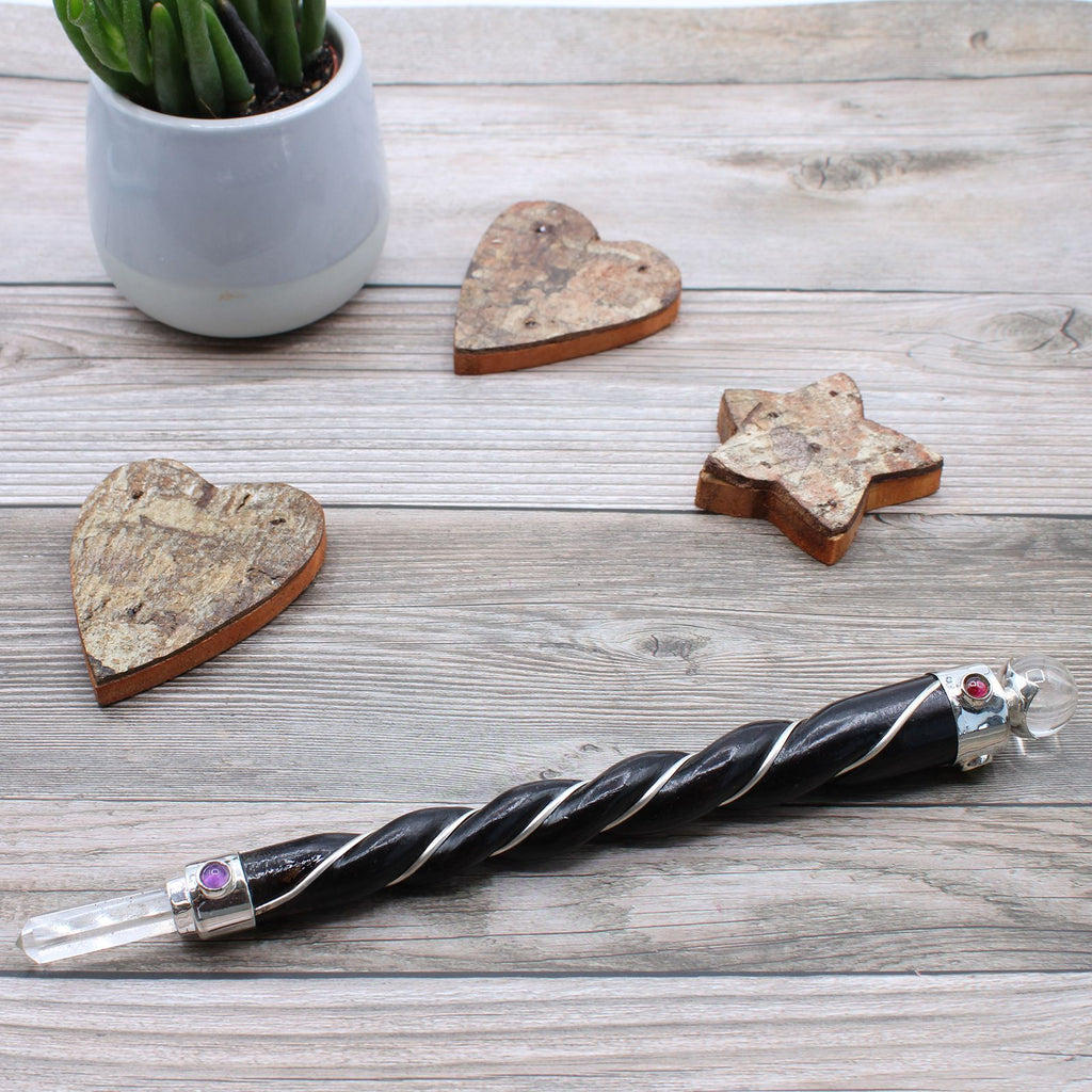 Baguette chakra quartz rose bois de teck finition argentée