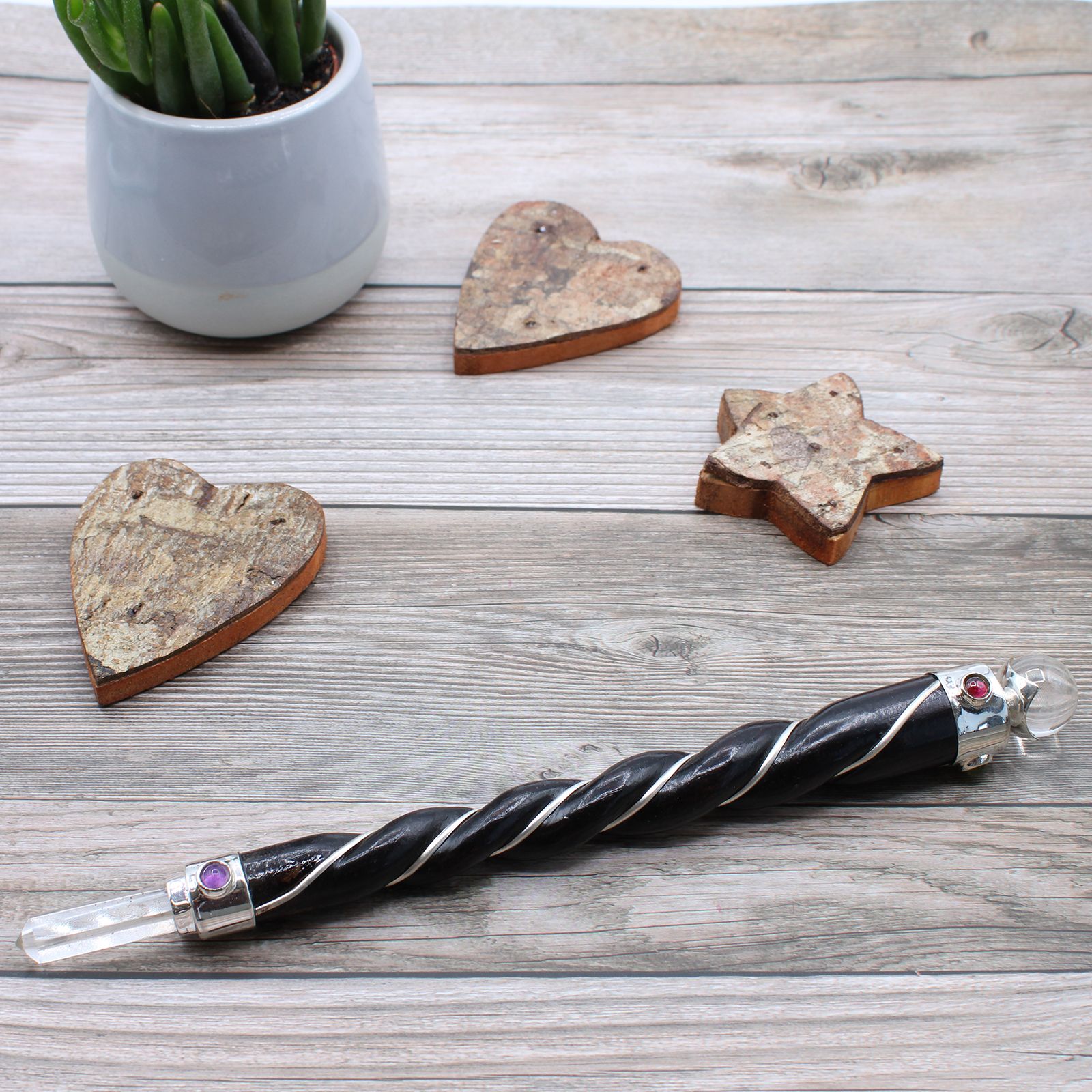 Baguette chakra quartz rose bois de teck finition argentée