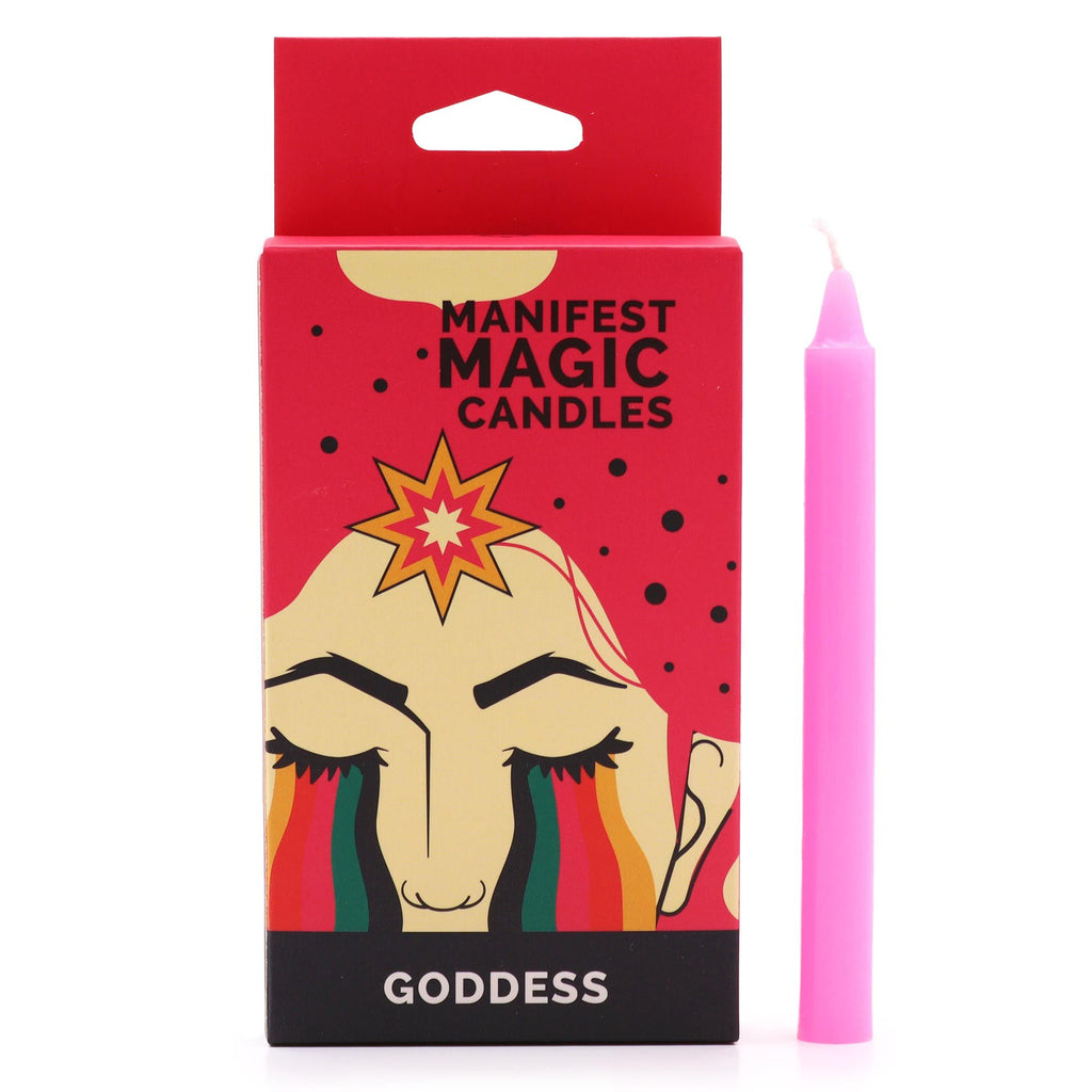 Bougies Manifest Magic (lot de 12) - rose - Déesse, présentant une belle boîte remplie de bougies roses, symbolisant l'amour, la beauté et la grâce. Parfaites pour la méditation et les pratiques spirituelles, elles apportent sérénité et transformation grâce à leur énergie féminine divine.