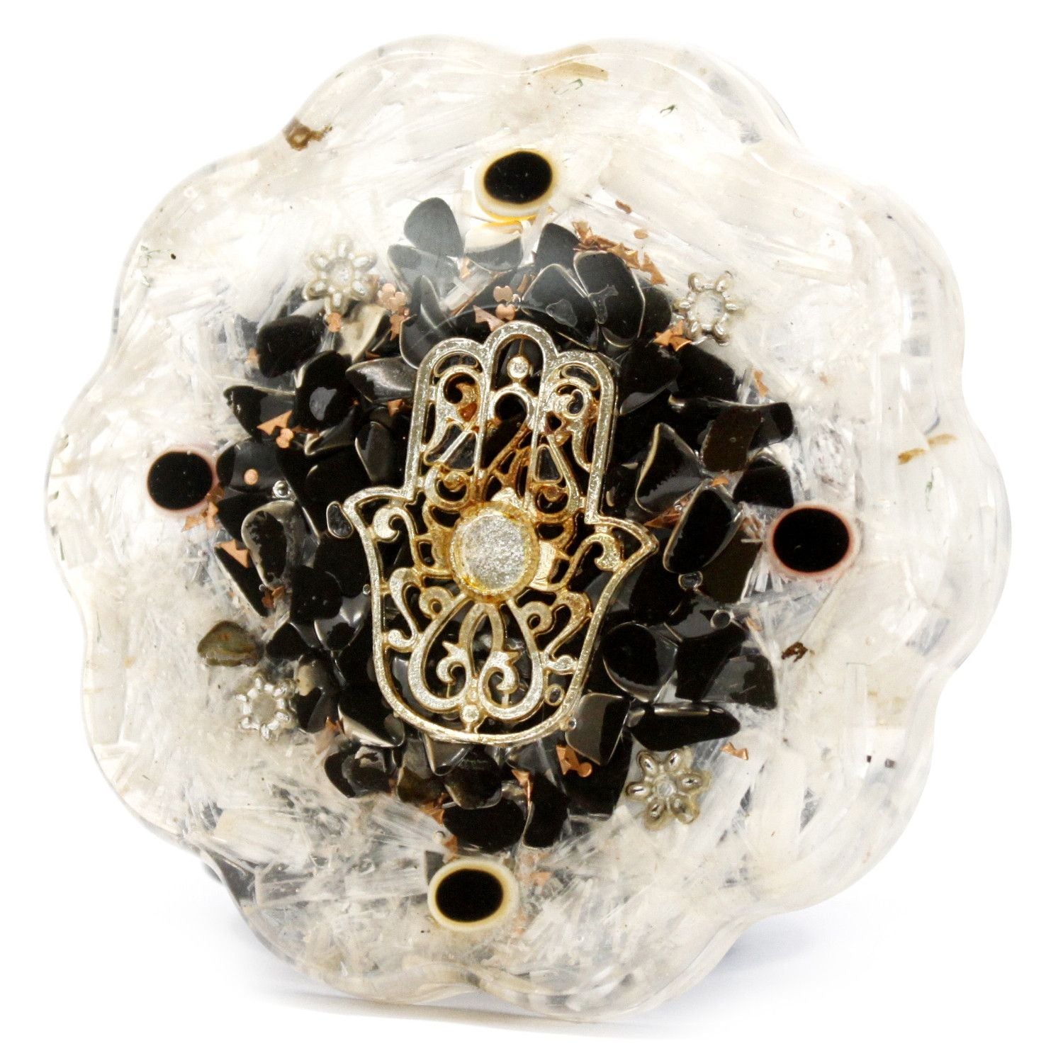 Pack énergétique de bureau en orgonite Hamsa avec sélénite – médium