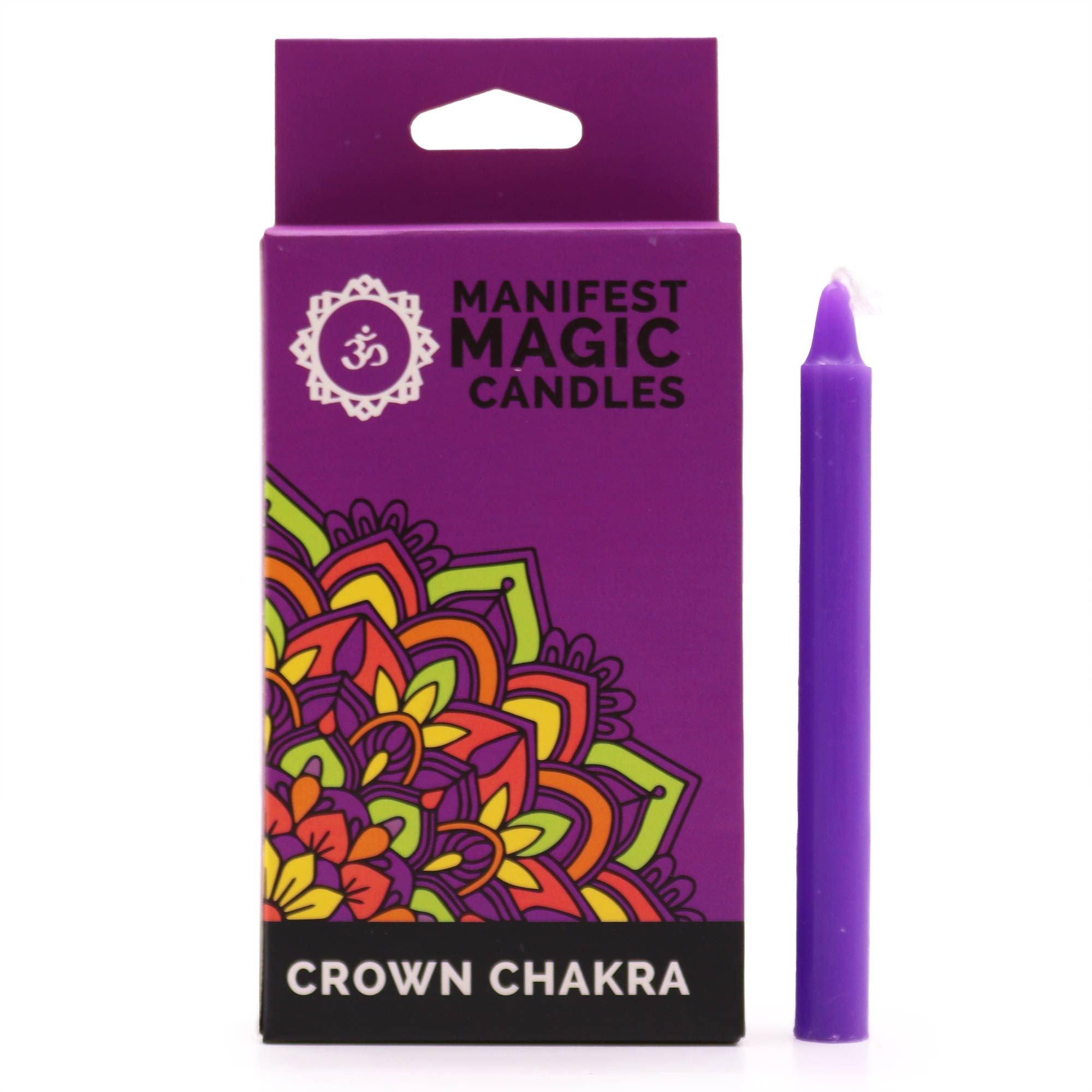 Bougies Manifest Magic (lot de 12) - violet - chakra couronne, illustration montrant l'emballage coloré des bougies. Ces bougies sont idéales pour la méditation et les pratiques spirituelles, apportant sérénité, transformation et connexion à votre chakra couronne.