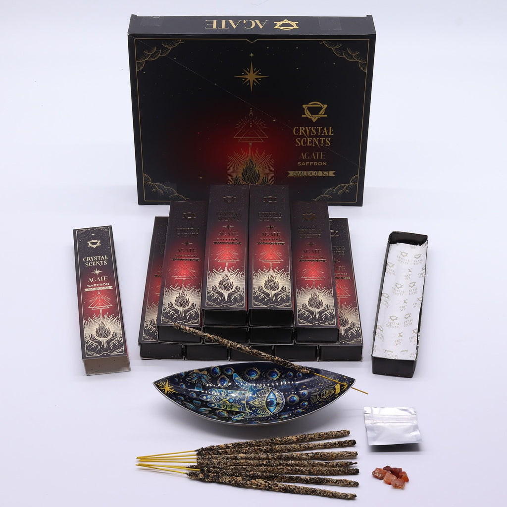 Encens Smudge Safran avec Agate Rouge – 10 bâtons 20 cm