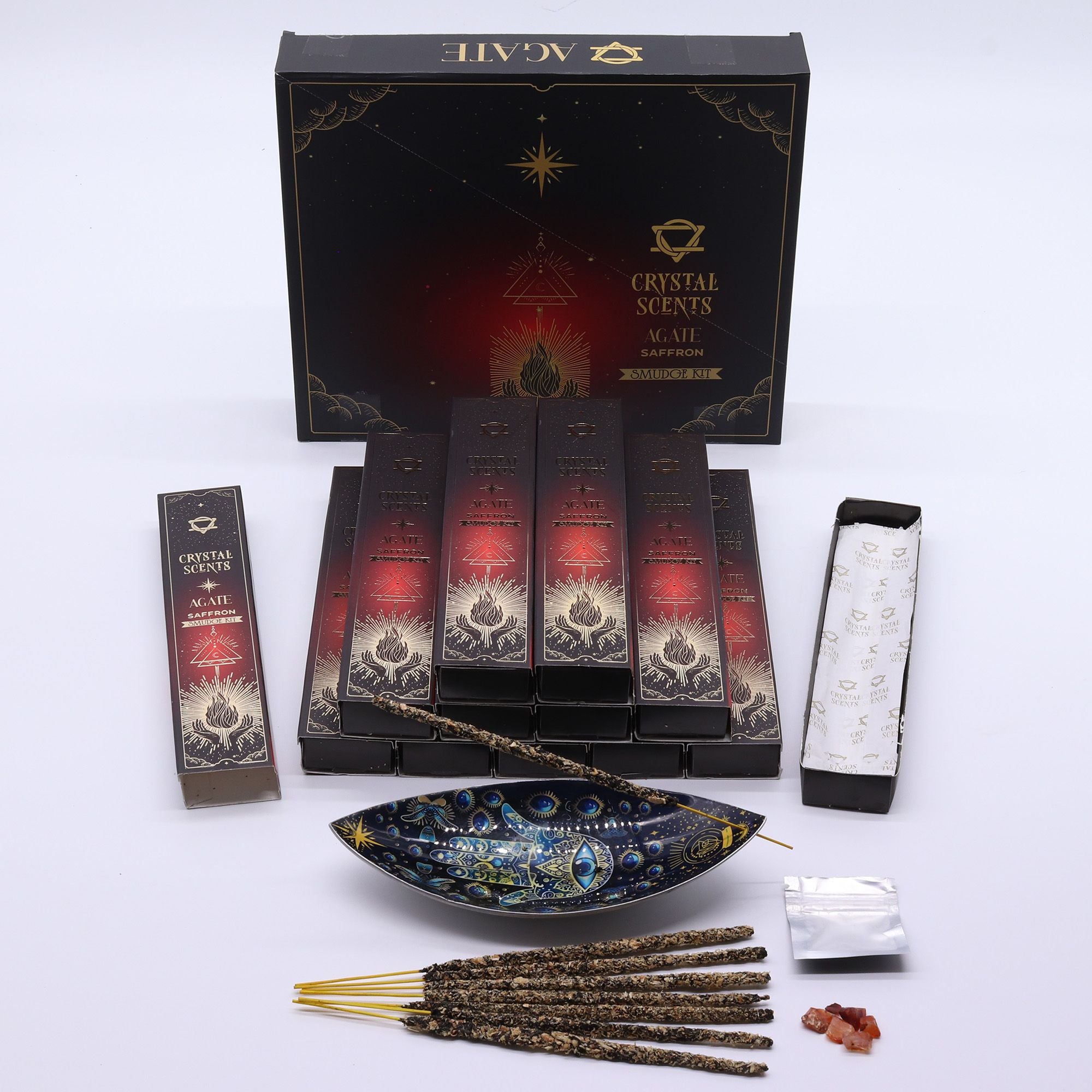 Encens Smudge Safran avec Agate Rouge – 10 bâtons 20 cm