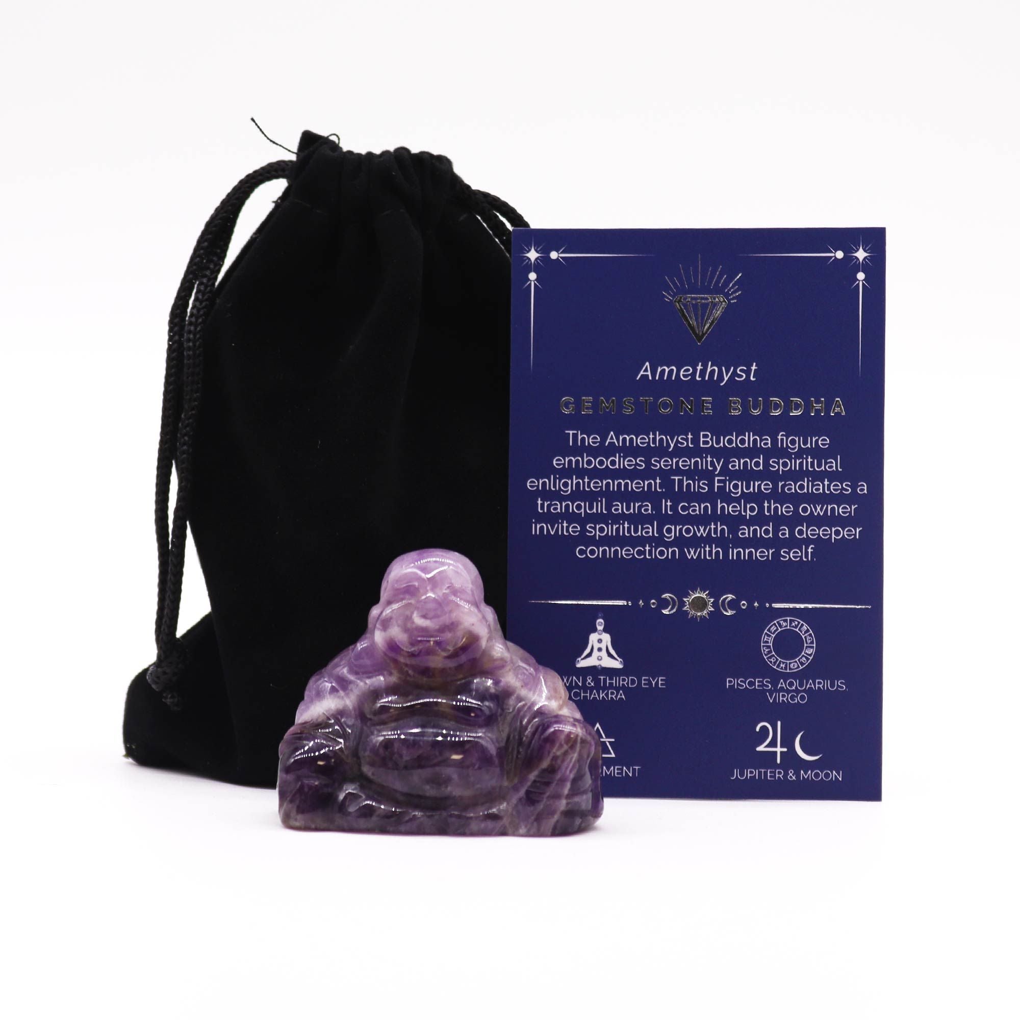 Statue De Bouddha En Améthyste de 50x40x20mm, représentant un Bouddha serein de couleur violet, idéale pour la méditation et la lithothérapie. Cette figurine bouddha en améthyste naturelle, symbole de sérénité, apporte une décoration zen à votre espace et peut servir de cadeau spirituel. Parfaite pour travailler sur le chakra couronne et le troisième œil, cette pièce en cristal naturel invite à la tranquillité et à la croissance spirituelle, contribuant à un environnement propice au bien-être.