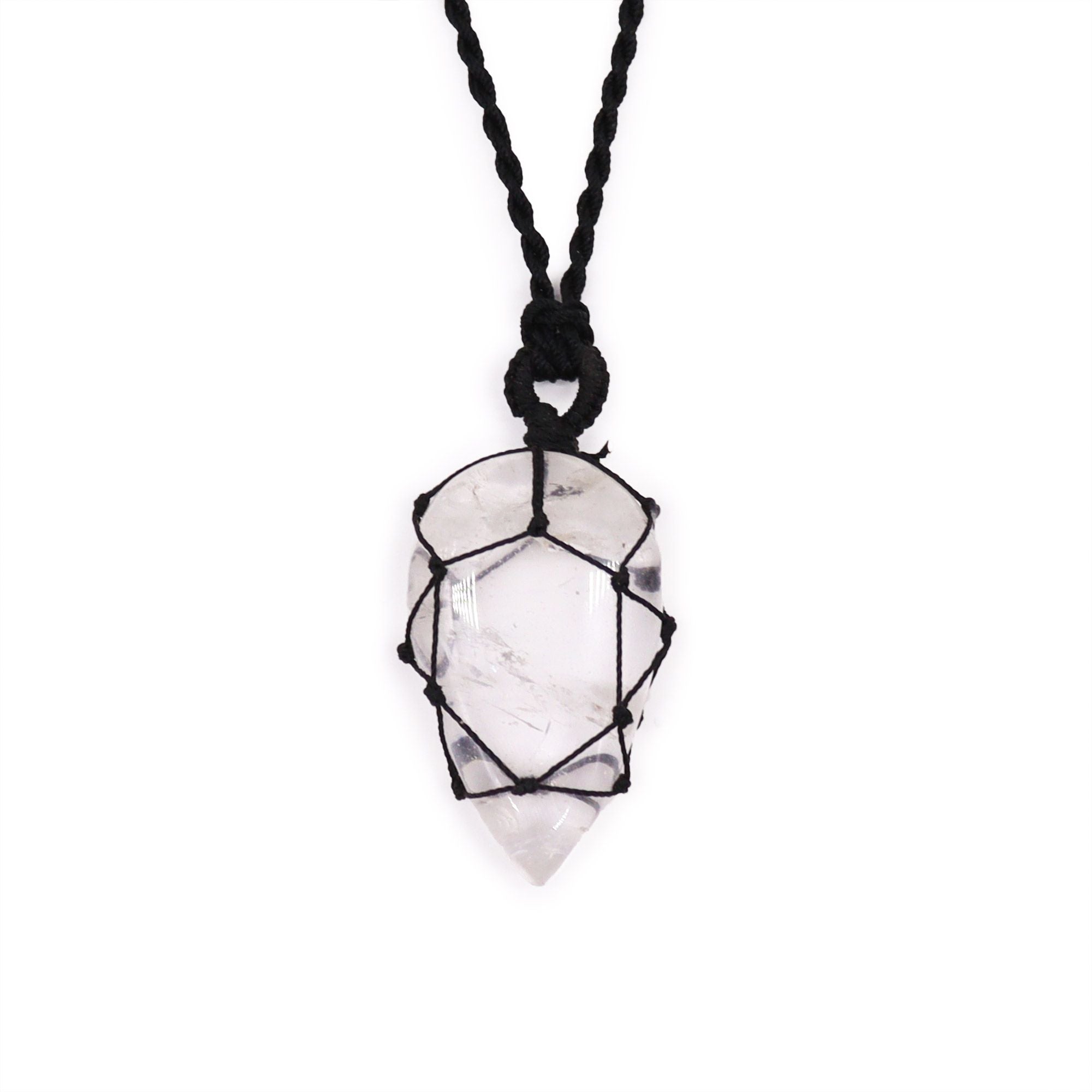 Pendentif goutte cristal de roche lacé avec cordon ajustable