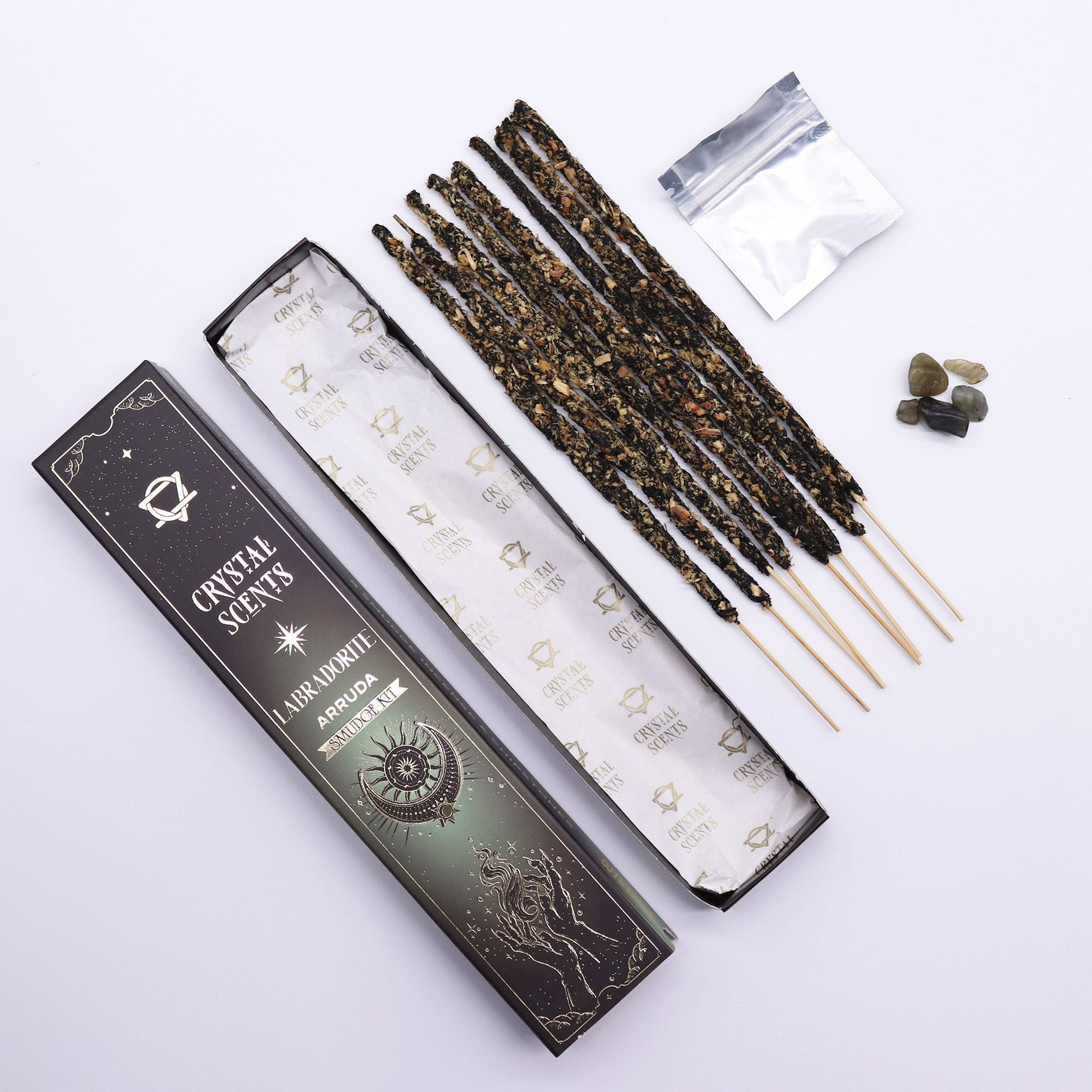 Encens Smudge Arruda avec Labradorite – 10 bâtons 20 cm
