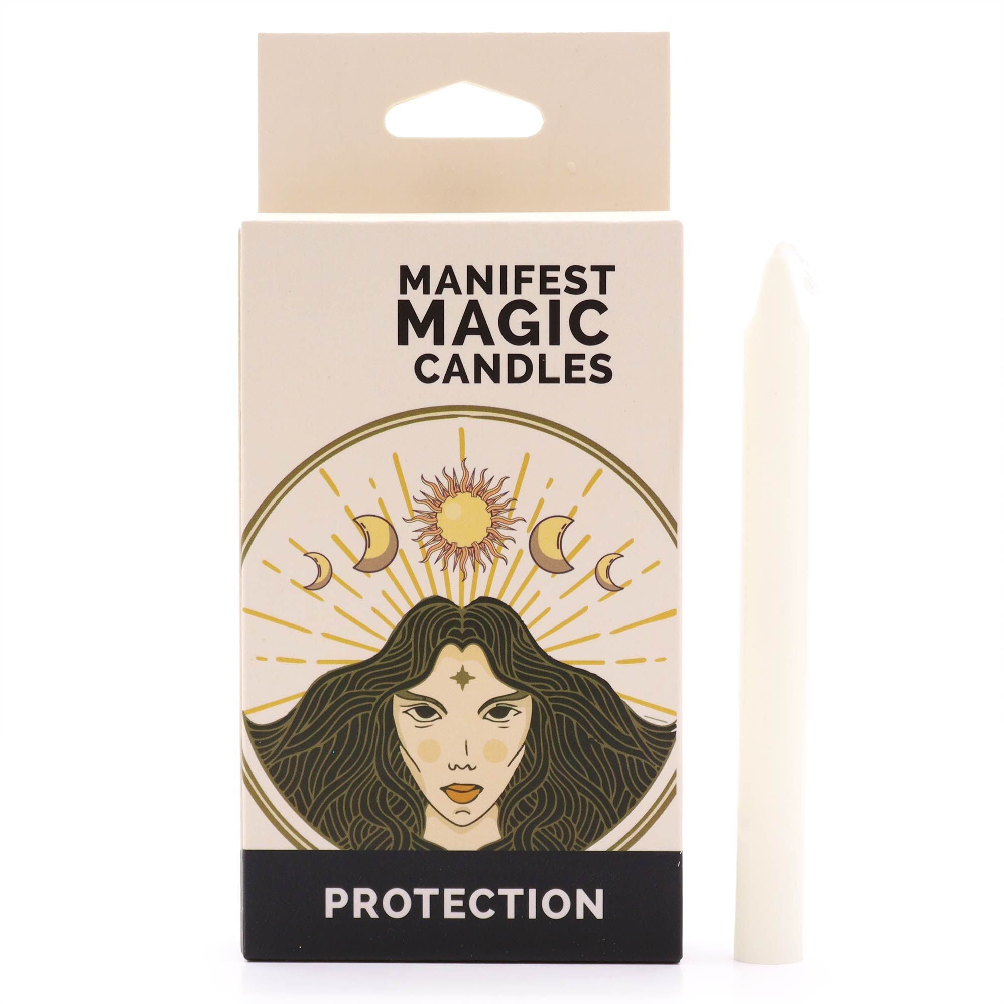 Bougies Manifest Magic (lot de 12) - Ivoire - Protection, présentant une boîte élégante avec des illustrations, idéale pour la méditation et les pratiques spirituelles, chacune offrant jusqu'à 90 minutes de combustion, créant un environnement sûr et harmonieux tout en protégeant contre la négativité.
