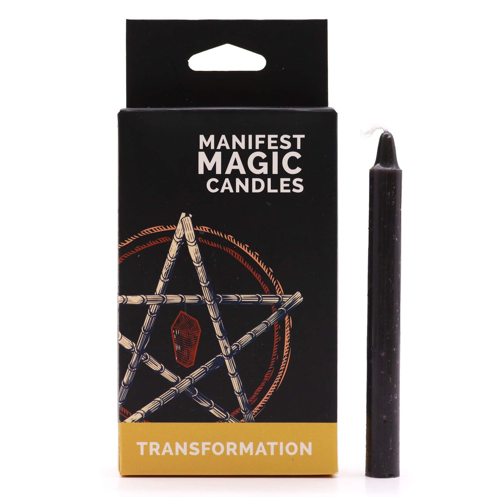 Bougies Manifest Magic (lot de 12) - Noir - Transformation, boîte contenant des bougies noires destinées à la méditation et aux pratiques spirituelles, offrant 90 minutes de temps de combustion, idéales pour le renouveau et la métamorphose.