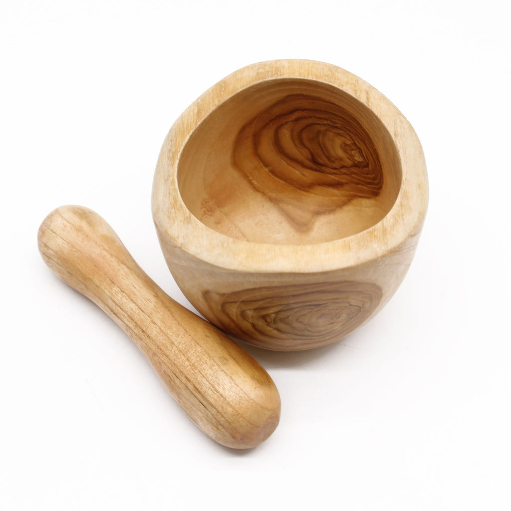Mortier et pilon en bois de teck moyen – 11 x 11 x 5 cm
