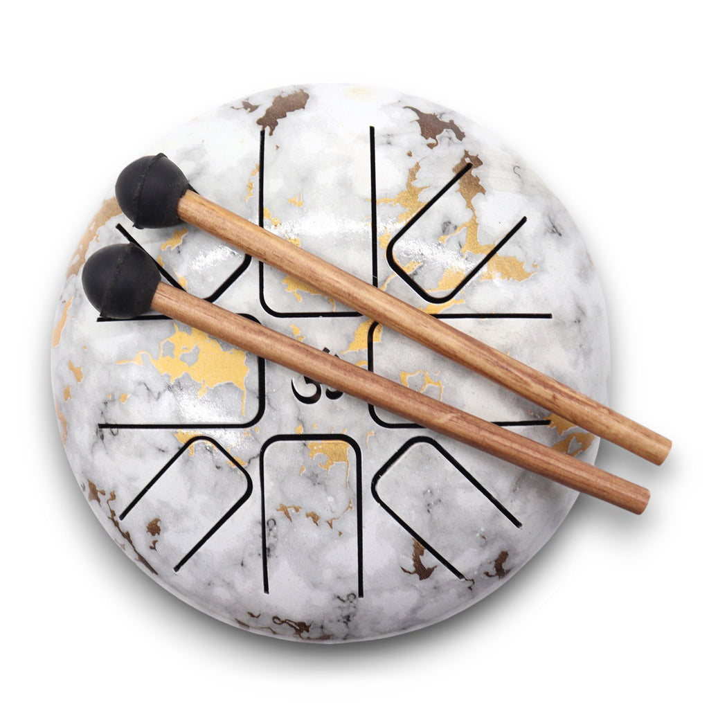 Steel Tongue Happy Drum marbré en Acier – 17 x 13 cm, un instrument apaisant idéal pour la méditation et la relaxation avec un design élégant.