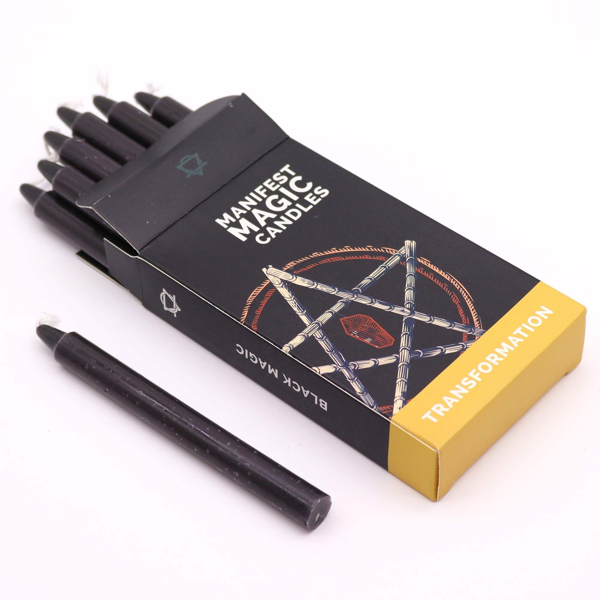 Bougies Manifest Magic (lot de 12) - Noir - Transformation, présentation de plusieurs bougies noires dans leur boîte, idéales pour la transformation, méditation et pratiques spirituelles, offrant une métamorphose en 90 minutes.