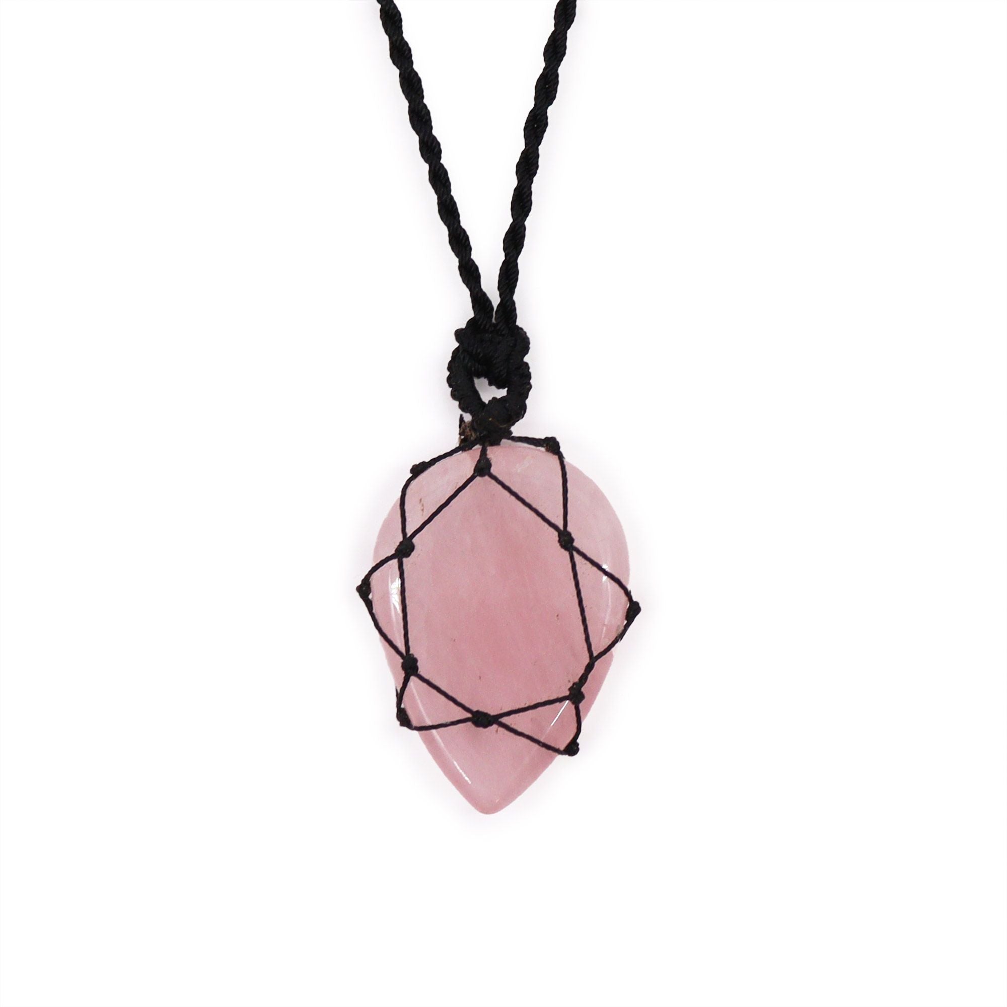 Pendentif goutte quartz rose lacé avec cordon ajustable