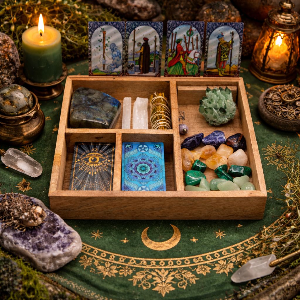 Boîte de tarot à quatre compartiments avec porte-cartes