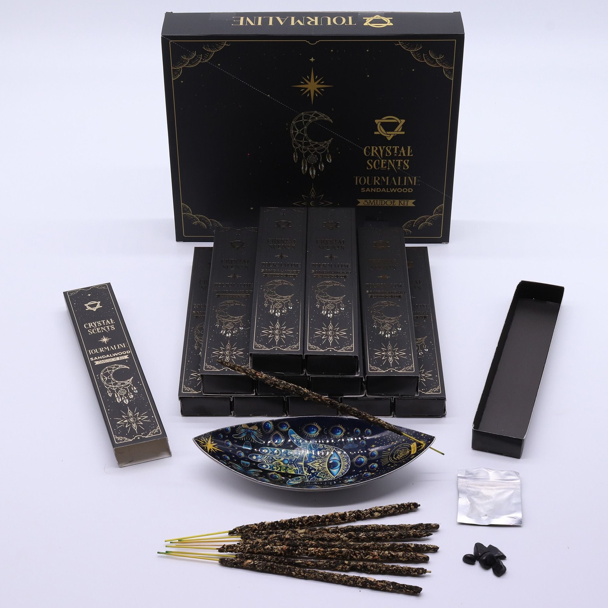 Encens Smudge Bois de Santal avec éclats de Tourmaline – 10 bâtons