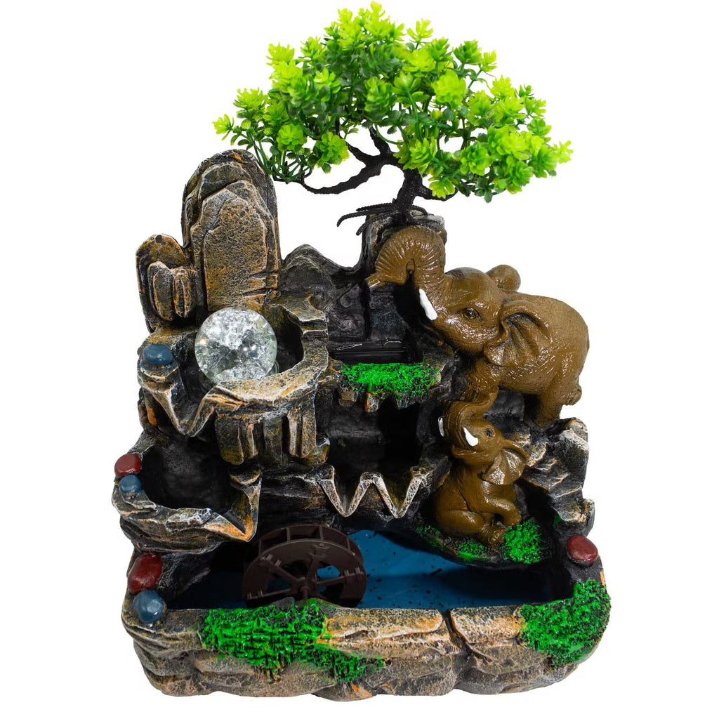Fontaine d’intérieur de table 35 cm – Éléphants amoureux, boule cristal, lumière & moulin à eau