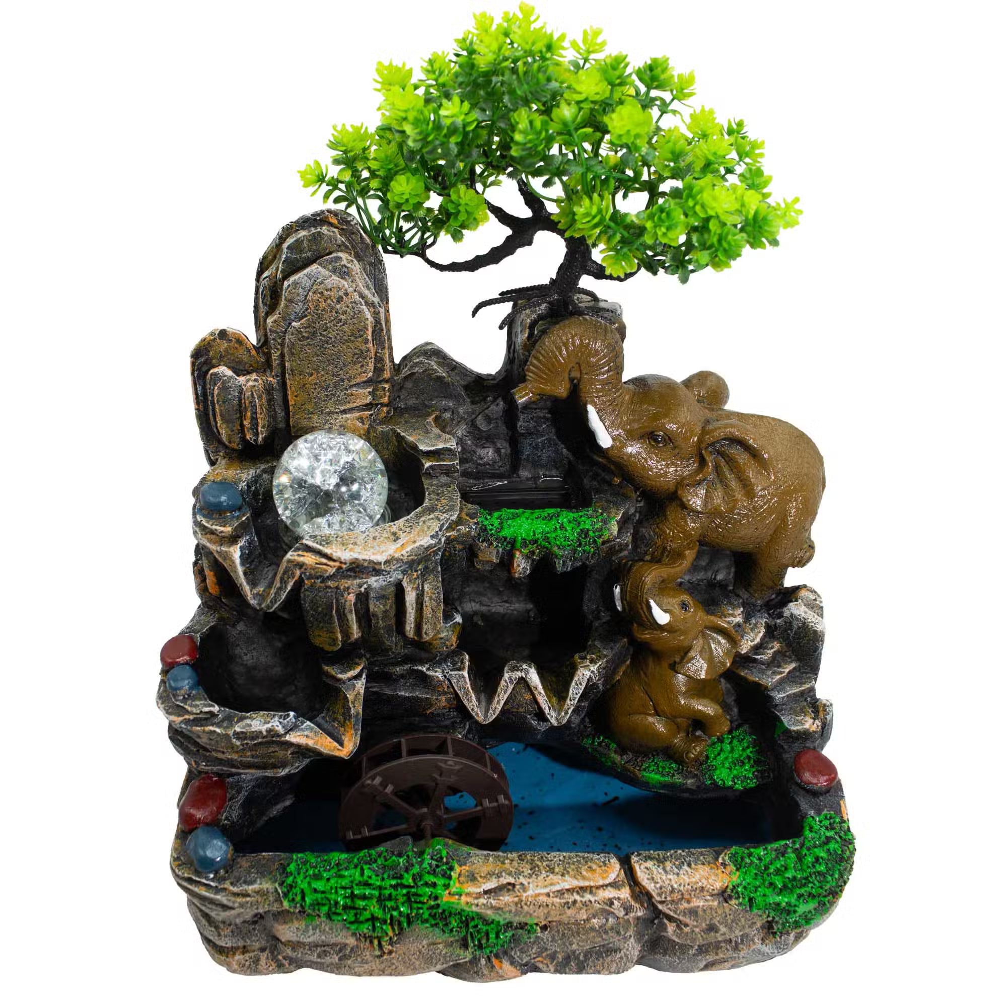 Fontaine d’intérieur de table 35 cm – Éléphants amoureux, boule cristal, lumière & moulin à eau